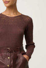 Load image into Gallery viewer, Rhiannon Viscose Nylon Sheer Neckline Knit Top in Mocha
