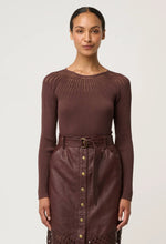 Load image into Gallery viewer, Rhiannon Viscose Nylon Sheer Neckline Knit Top in Mocha