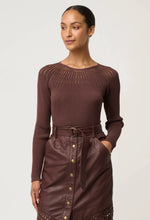 Load image into Gallery viewer, Rhiannon Viscose Nylon Sheer Neckline Knit Top in Mocha