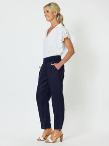 Sarah Linen Pleat Hem Pant - Navy