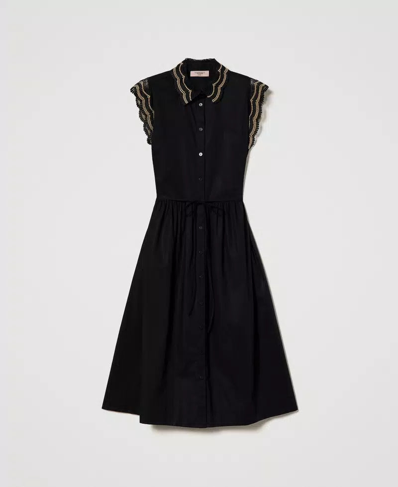 Long poplin shirt dress with two-tone lace
