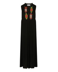 DRESS IN BLENDED SILK CREPE WITH HAND EMBROIDERED PLASTRON