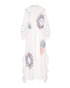 HEMP DRESS WITH MAXI EMBROIDERIES AND RUFFLES