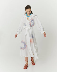 HEMP DRESS WITH MAXI EMBROIDERIES AND RUFFLES