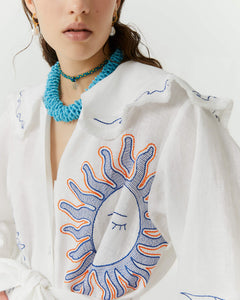 HEMP DRESS WITH MAXI EMBROIDERIES AND RUFFLES
