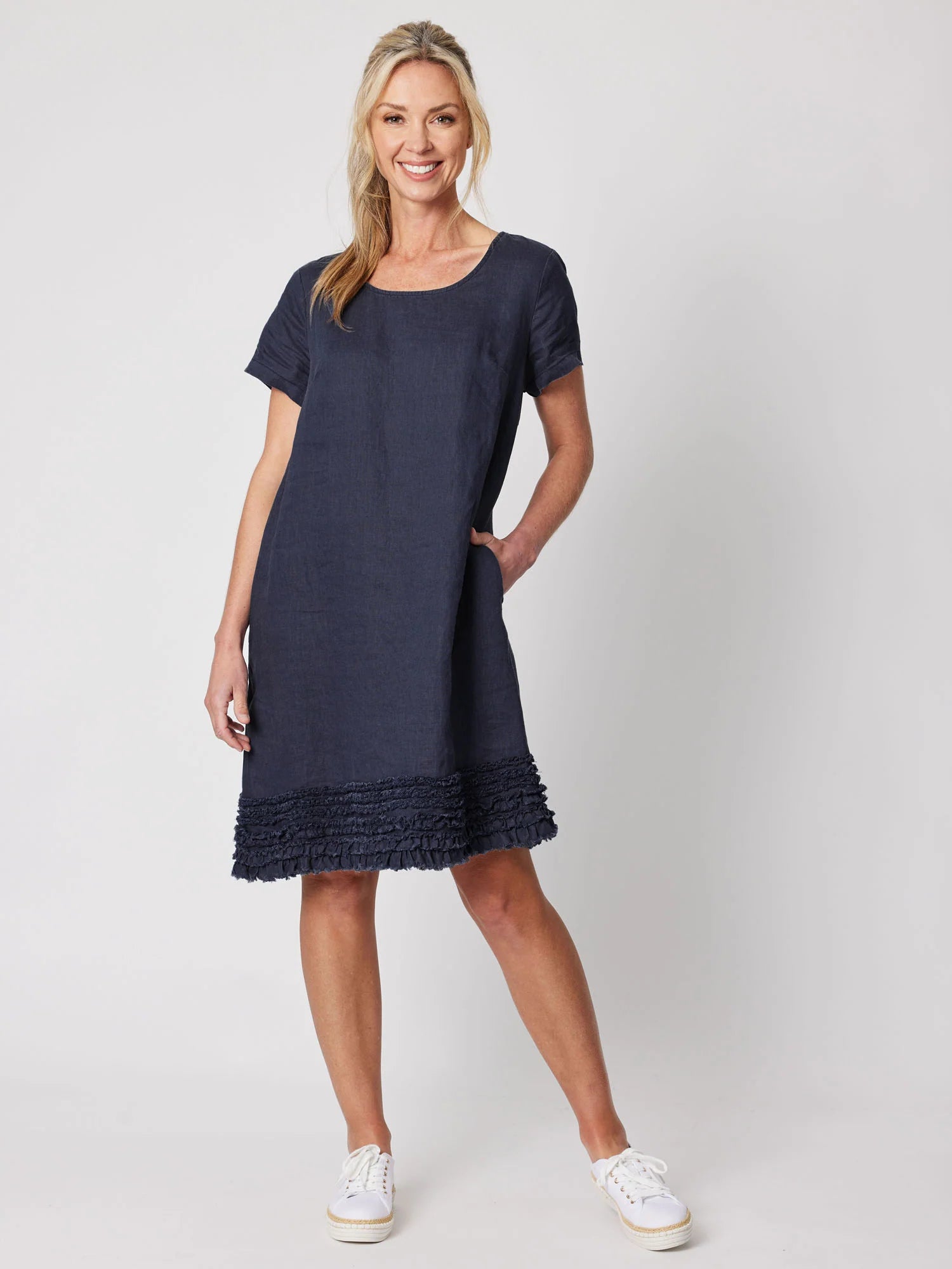 Linen Ruffle Hem Dress - Navy