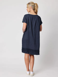 Linen Ruffle Hem Dress - Navy