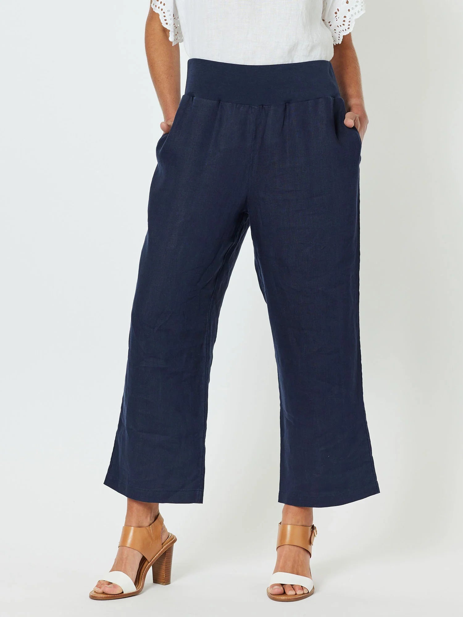 Lara Linen Wide Leg Pant - Navy