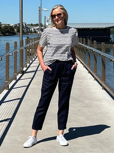 Sarah Linen Pleat Hem Pant - Navy