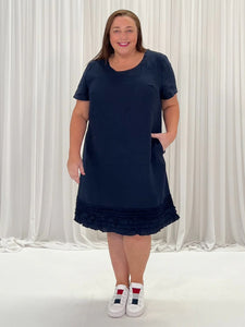 Linen Ruffle Hem Dress - Navy