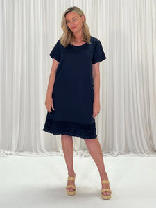 Linen Ruffle Hem Dress - Navy