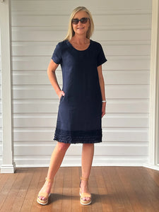 Linen Ruffle Hem Dress - Navy