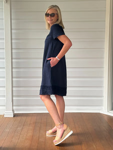 Linen Ruffle Hem Dress - Navy