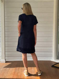 Linen Ruffle Hem Dress - Navy