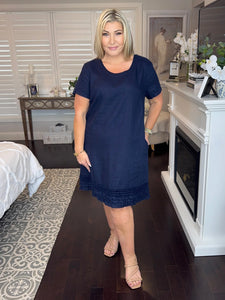 Linen Ruffle Hem Dress - Navy