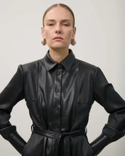 Load image into Gallery viewer, Beatrice B FAUX LEATHER CHEMISIER DRESS WITH PLEATED DETAILS
