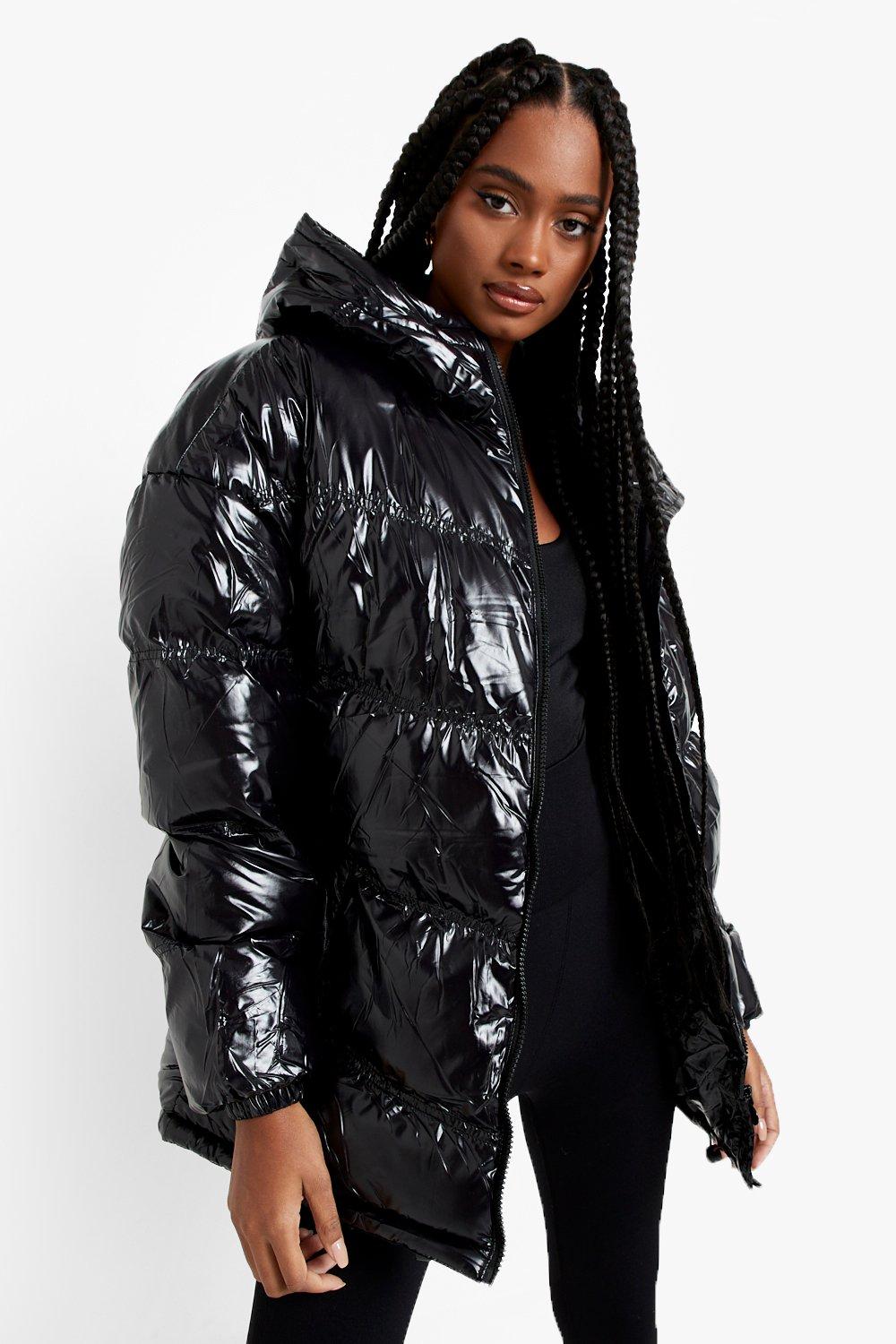 Women's three-quarter-length down jacket with hood and welt pockets in BLACK