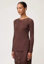 Load image into Gallery viewer, Rhiannon Viscose Nylon Sheer Neckline Knit Top in Mocha
