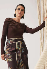 Load image into Gallery viewer, Rhiannon Viscose Nylon Sheer Neckline Knit Top in Mocha
