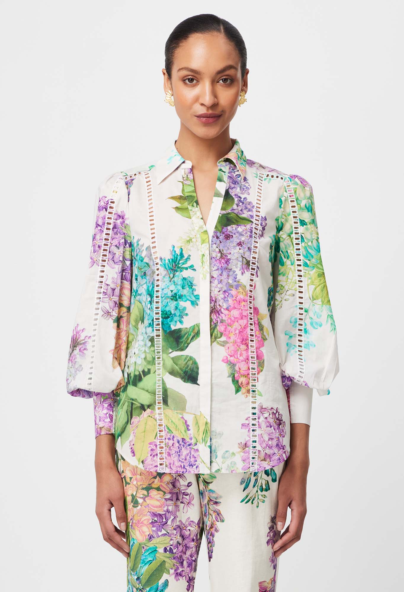 Swanson Embroidered Cotton Voile Shirt in Wisteria Alba