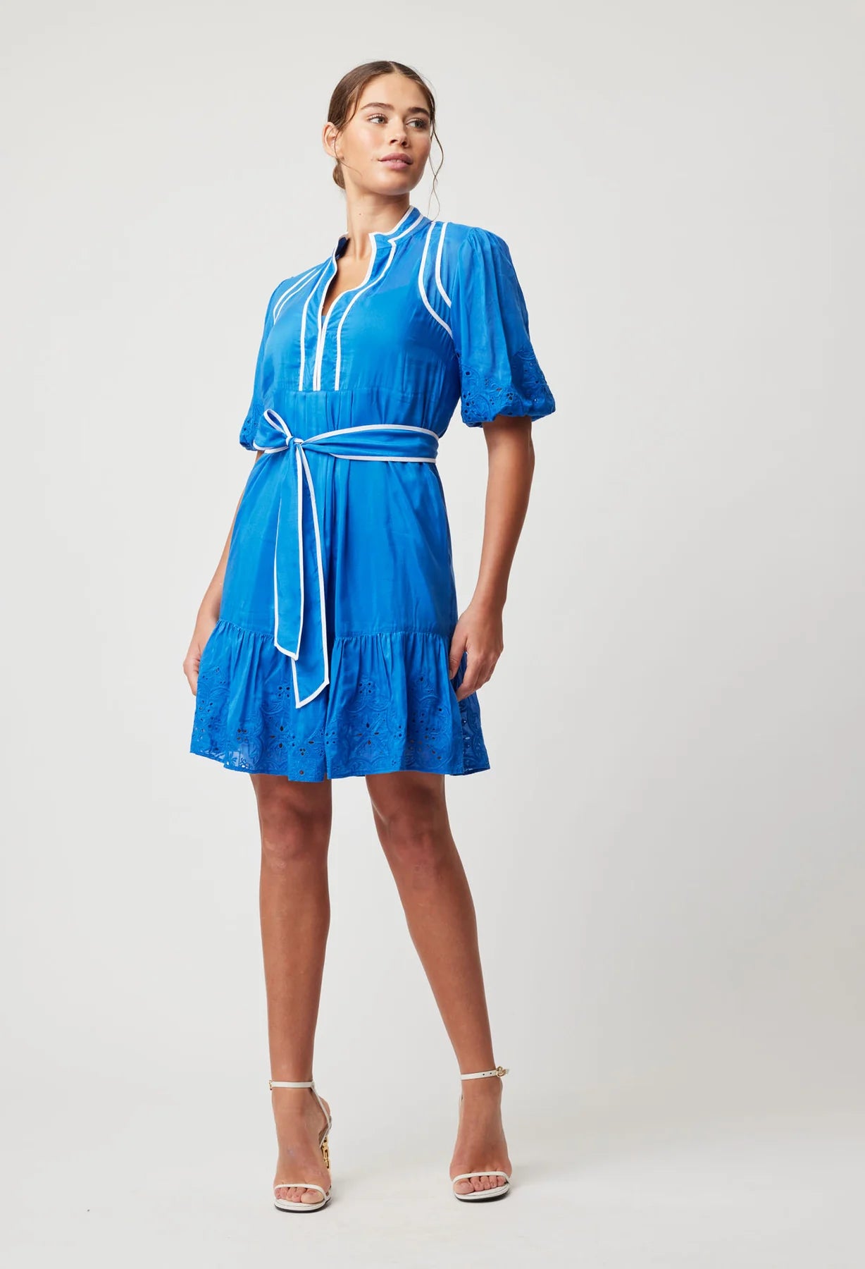 LUCIA EMBROIDERED COTTON SILK DRESS IN AZURE