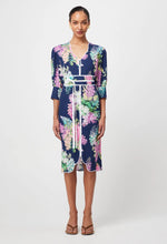 Load image into Gallery viewer, Augustine Embroidered Linen Viscose Dress in Navy Wisteria
