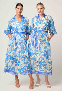 Carmen Silk Cotton Maxi Dress in Azure Mosaic