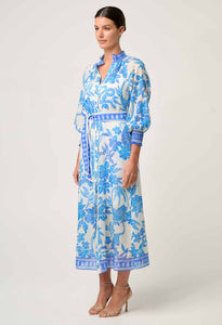 Carmen Silk Cotton Maxi Dress in Azure Mosaic