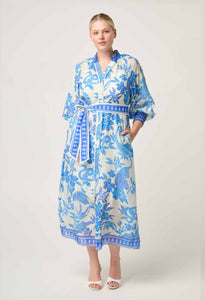 Carmen Silk Cotton Maxi Dress in Azure Mosaic