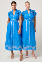 Load image into Gallery viewer, Xanthia Diamond Smock Yoke Silk Cotton Embroidered Dress in Blue Topaz
