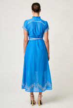 Load image into Gallery viewer, Xanthia Diamond Smock Yoke Silk Cotton Embroidered Dress in Blue Topaz
