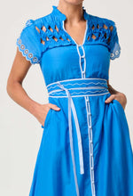 Load image into Gallery viewer, Xanthia Diamond Smock Yoke Silk Cotton Embroidered Dress in Blue Topaz
