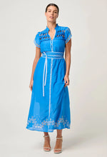 Load image into Gallery viewer, Xanthia Diamond Smock Yoke Silk Cotton Embroidered Dress in Blue Topaz
