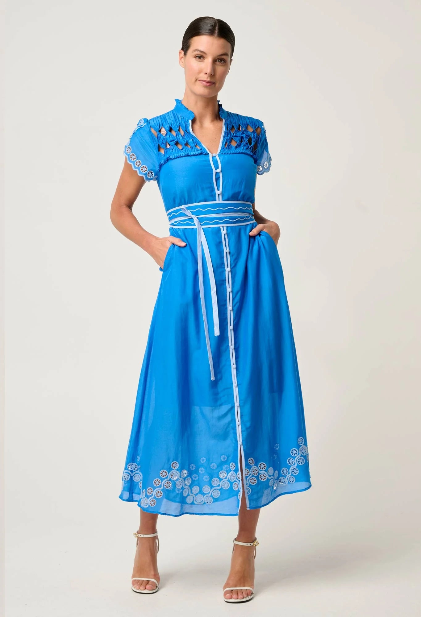 Xanthia Diamond Smock Yoke Silk Cotton Embroidered Dress in Blue Topaz