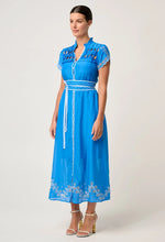 Load image into Gallery viewer, Xanthia Diamond Smock Yoke Silk Cotton Embroidered Dress in Blue Topaz
