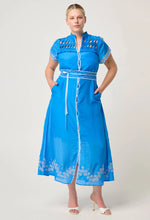 Load image into Gallery viewer, Xanthia Diamond Smock Yoke Silk Cotton Embroidered Dress in Blue Topaz
