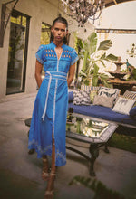 Load image into Gallery viewer, Xanthia Diamond Smock Yoke Silk Cotton Embroidered Dress in Blue Topaz
