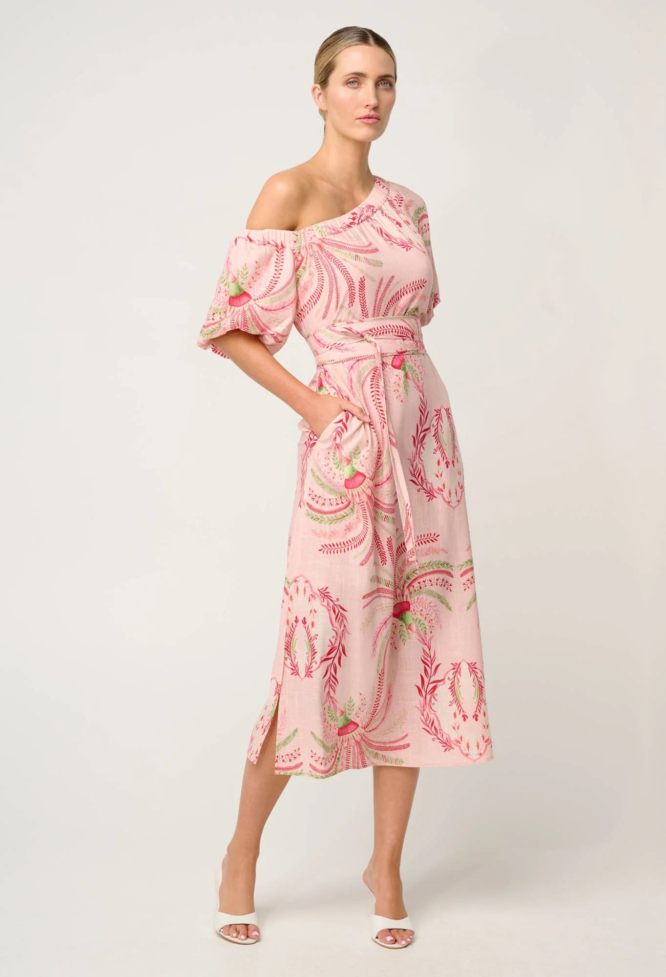 Zina Linen Viscose One Shoulder Dress in Palmarosa