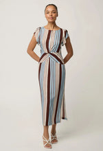 Load image into Gallery viewer, Geneva Stretch Cupro Detail Column Midi Dress in Iridescent Stripe
