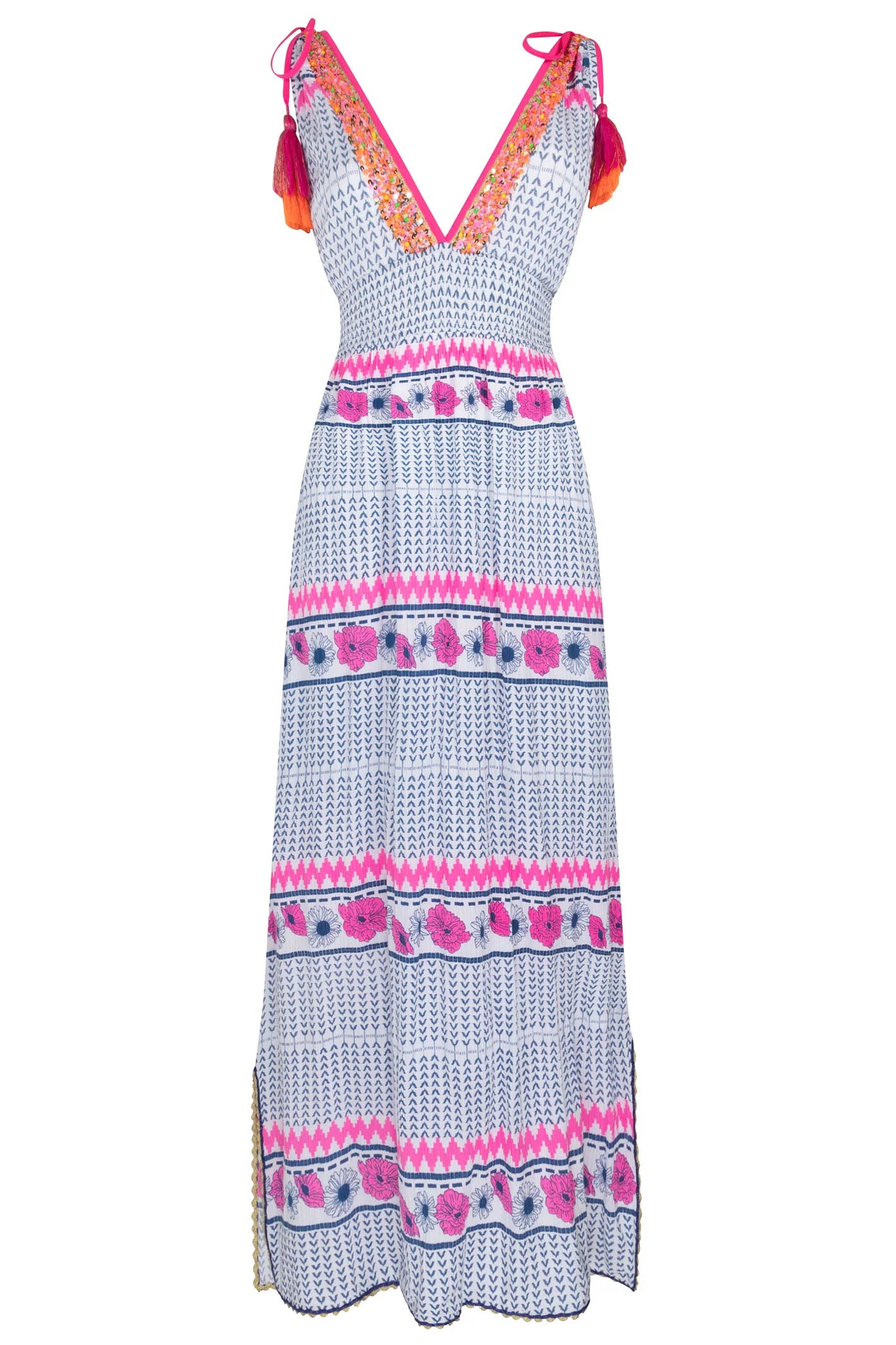 Pink Print Tassle Shoulder Long Dress