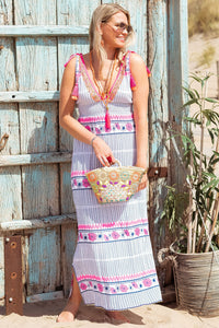 Pink Print Tassle Shoulder Long Dress