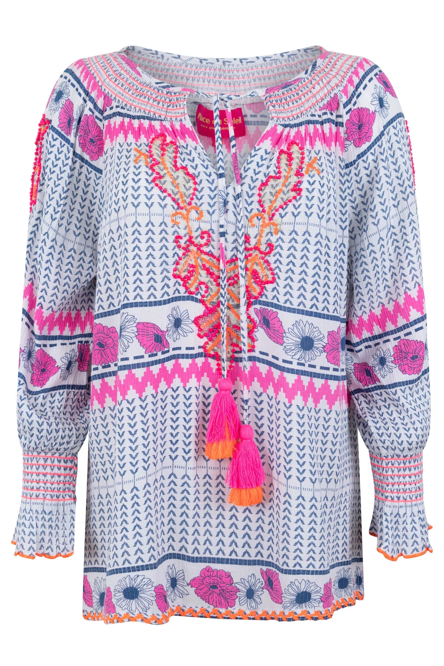 Blue Pink Print Tassle Tie Blouse