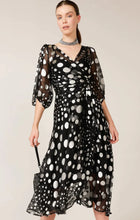 Load image into Gallery viewer, WONDERLAND WRAP DRESS IN BLACK SILVER SPOT
