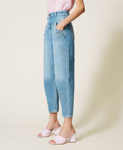 HIGH WAIST STONE WASHED COTTON JEAN
