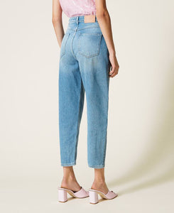 HIGH WAIST STONE WASHED COTTON JEAN