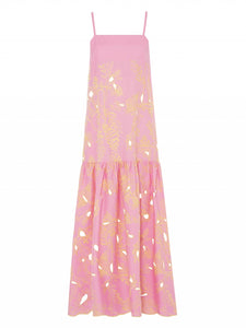 LONG PINK DRESS WITH ALL OVER INLAID EMBROIDERY